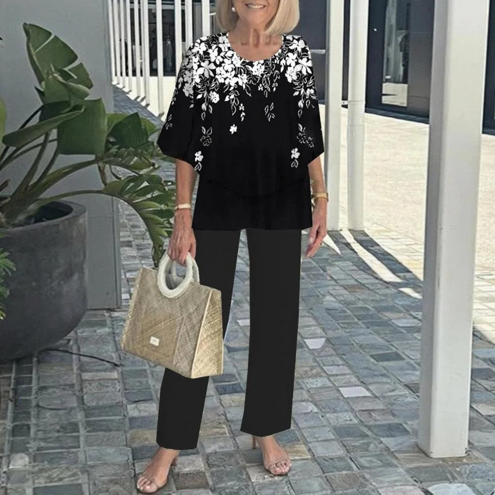 🌸Дамски ежедневен панталон с къс ръкав и щампа, обло деколте