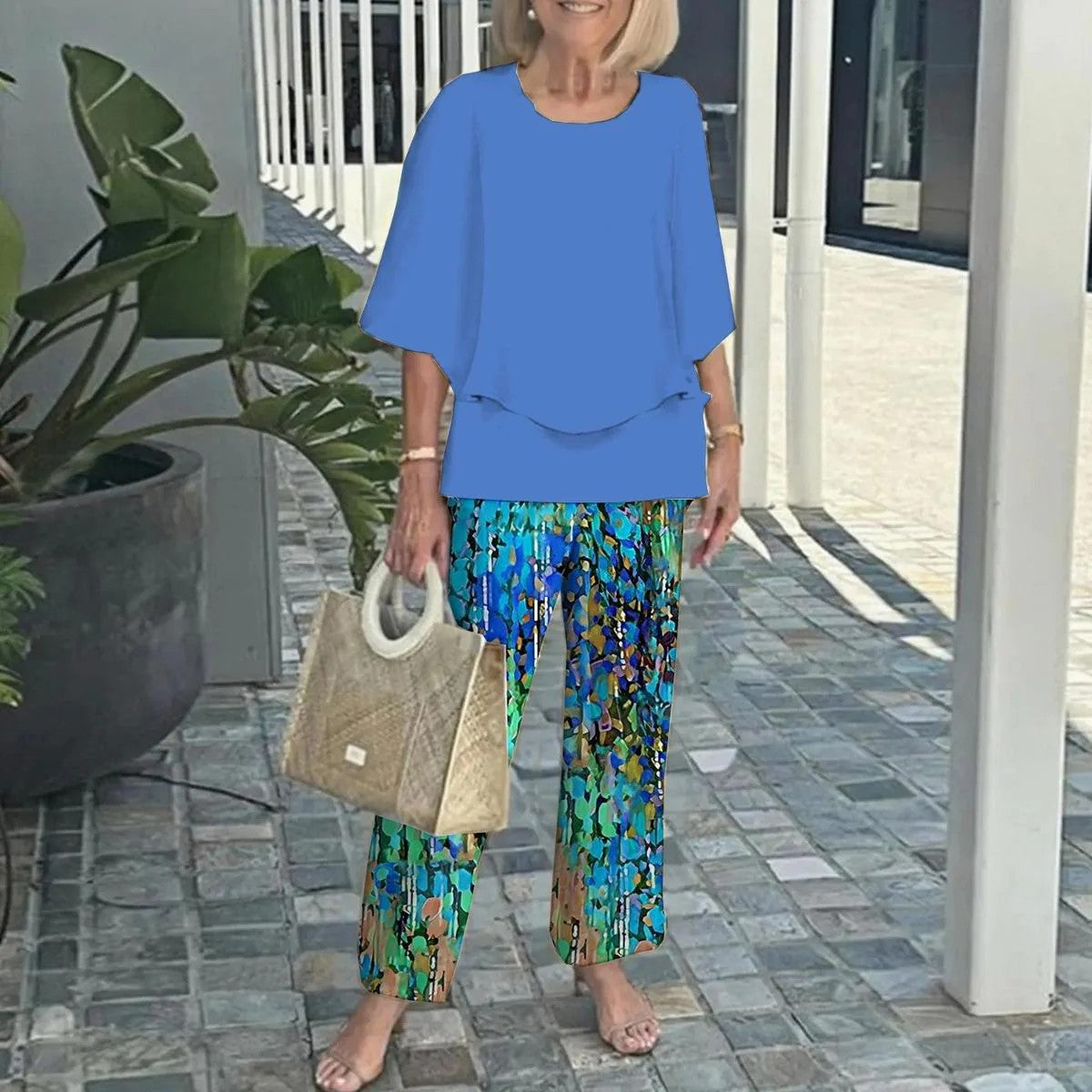 🌸Дамски ежедневен панталон с къс ръкав и щампа, обло деколте