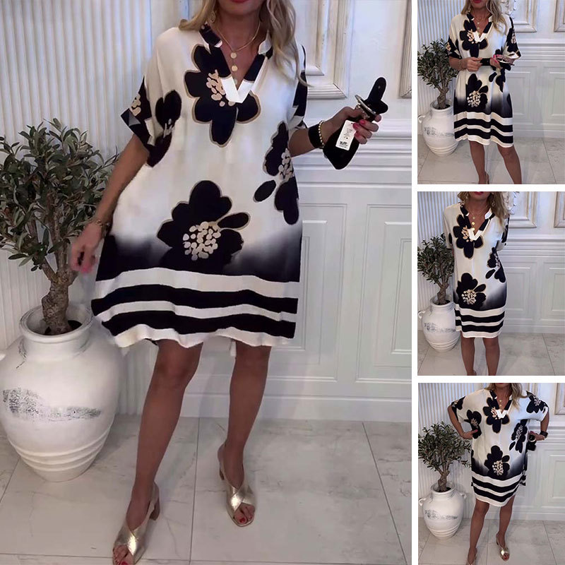 🌸😘Дамска широка рокля с щампа и дълбоко V-образно деколте🔥