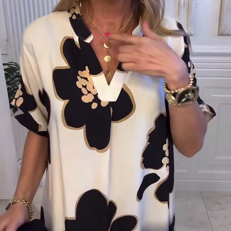 🌸😘Дамска широка рокля с щампа и дълбоко V-образно деколте🔥