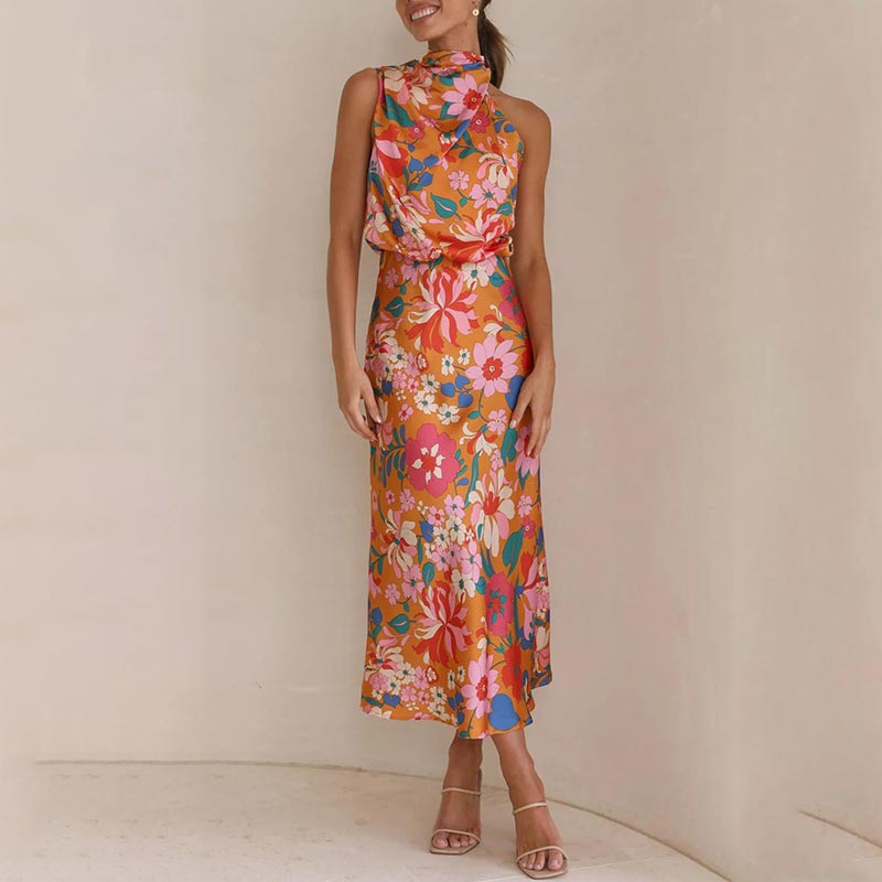 макси рокля с флорален принт, връзки на деколтето, еластична талия, сатенен блясък