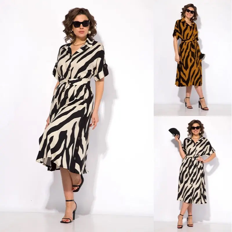 ✨🦓Рокля с V-образно деколте с щамповани райета и талия