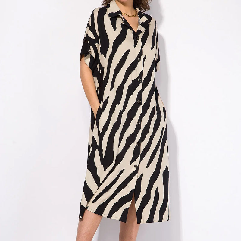 ✨🦓Рокля с V-образно деколте с щамповани райета и талия