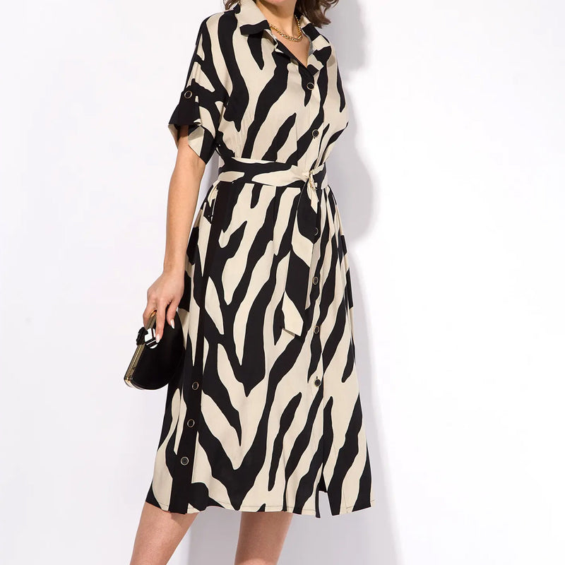 ✨🦓Рокля с V-образно деколте с щамповани райета и талия