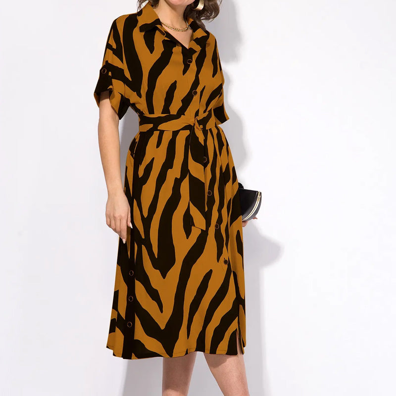 ✨🦓Рокля с V-образно деколте с щамповани райета и талия