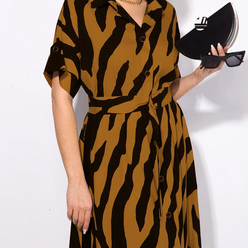 ✨🦓Рокля с V-образно деколте с щамповани райета и талия