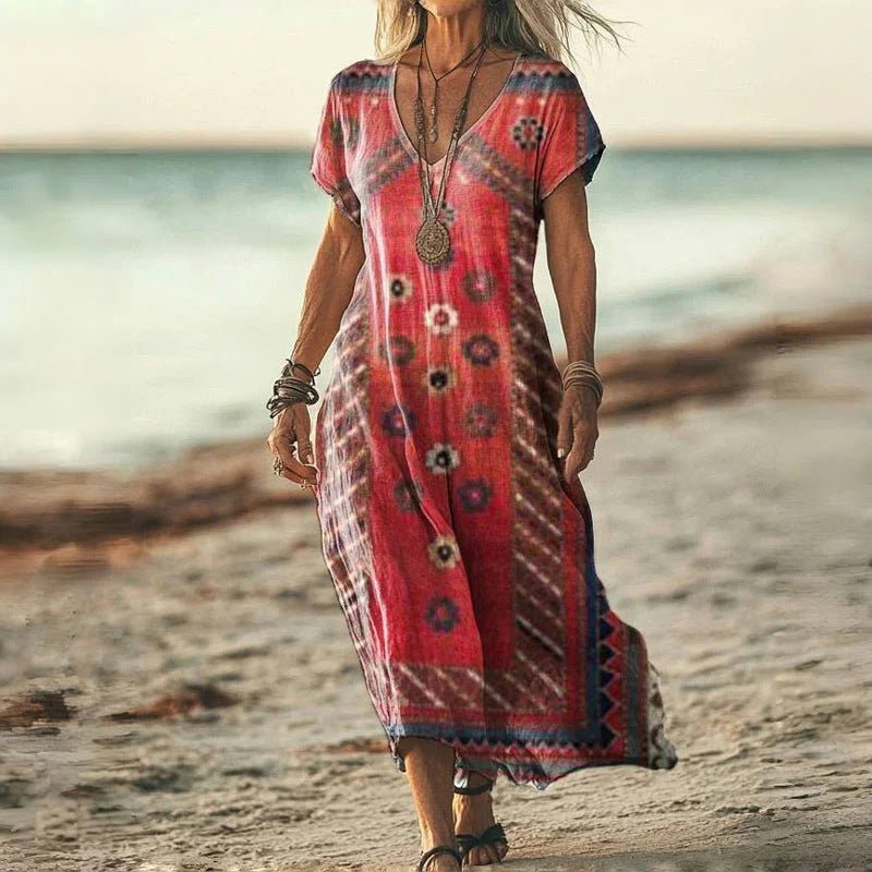 ✨Дамска рокля с къс ръкав и V-образно деколте с щампа