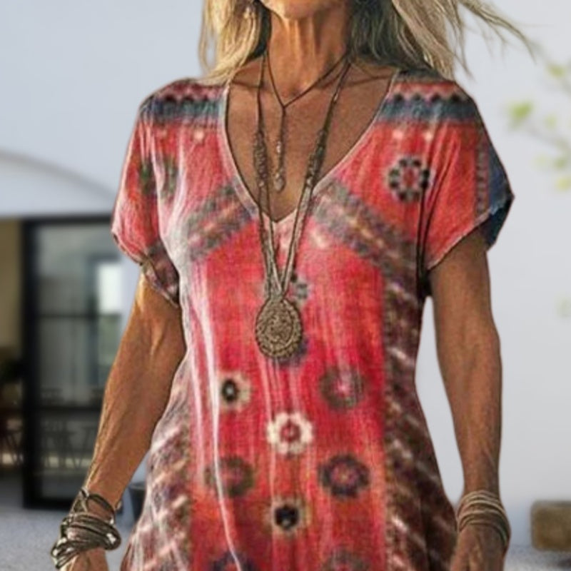 ✨Дамска рокля с къс ръкав и V-образно деколте с щампа