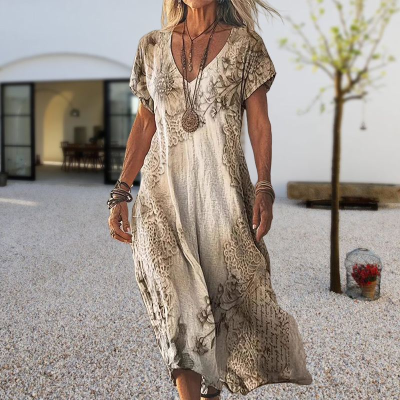 ✨Дамска рокля с къс ръкав и V-образно деколте с щампа