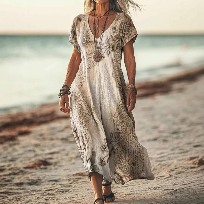 ✨Дамска рокля с къс ръкав и V-образно деколте с щампа