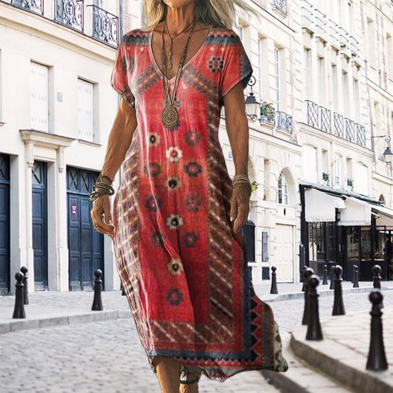 ✨Дамска рокля с къс ръкав и V-образно деколте с щампа