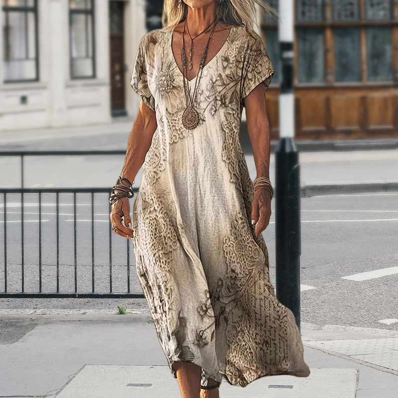 ✨Дамска рокля с къс ръкав и V-образно деколте с щампа