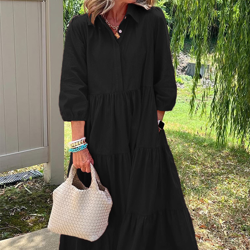 Дамска рокля с широка кройка и дължина до глезена с ревери