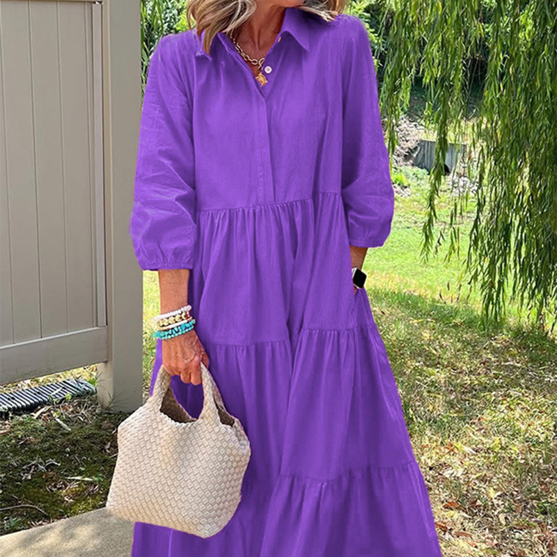 Дамска рокля с широка кройка и дължина до глезена с ревери