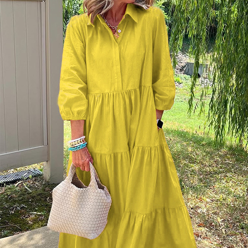 Дамска рокля с широка кройка и дължина до глезена с ревери