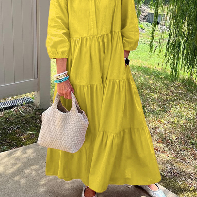 Дамска рокля с широка кройка и дължина до глезена с ревери