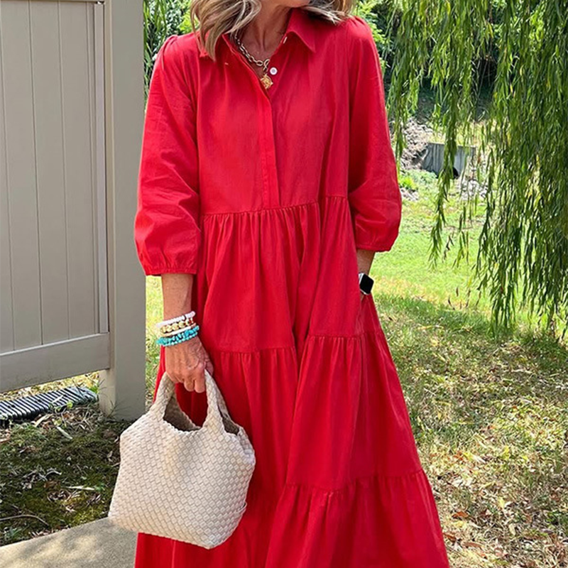 Дамска рокля с широка кройка и дължина до глезена с ревери