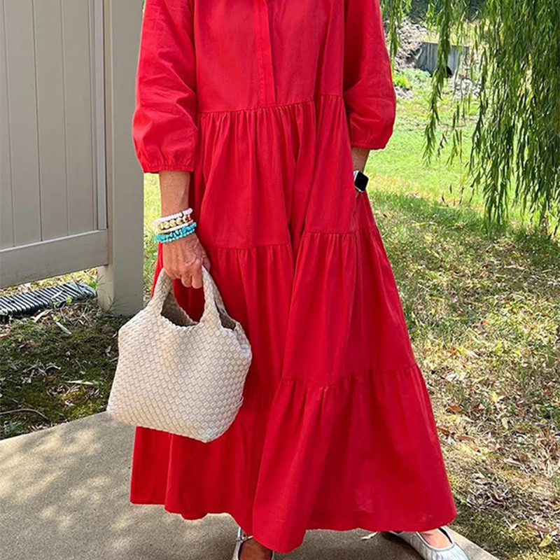 Дамска рокля с широка кройка и дължина до глезена с ревери