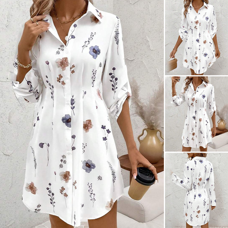【S-XL】🌸Елегантна рокля-риза с флорален принт и дълъг ръкав, А-силует