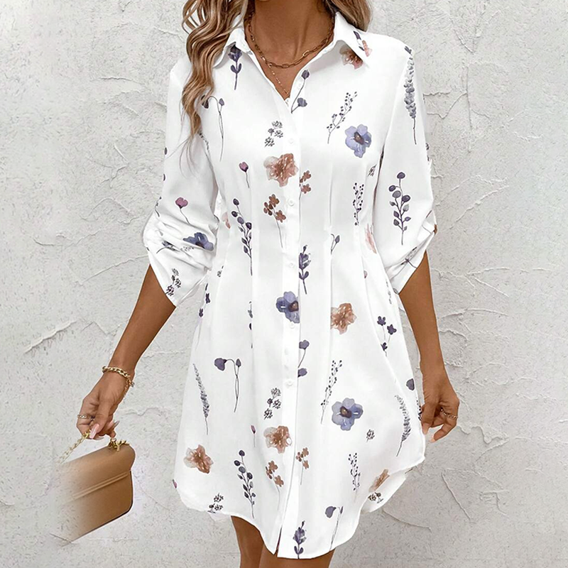 【S-XL】🌸Елегантна рокля-риза с флорален принт и дълъг ръкав, А-силует