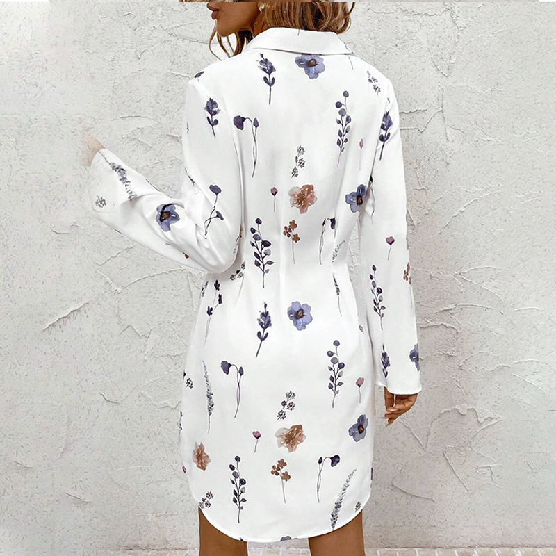 【S-XL】🌸Елегантна рокля-риза с флорален принт и дълъг ръкав, А-силует