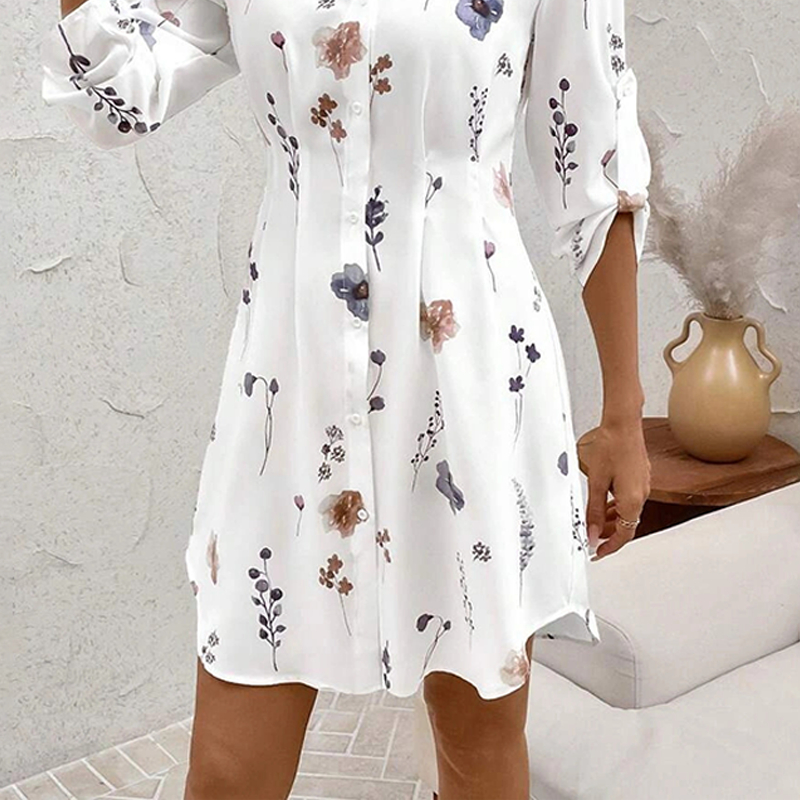 【S-XL】🌸Елегантна рокля-риза с флорален принт и дълъг ръкав, А-силует