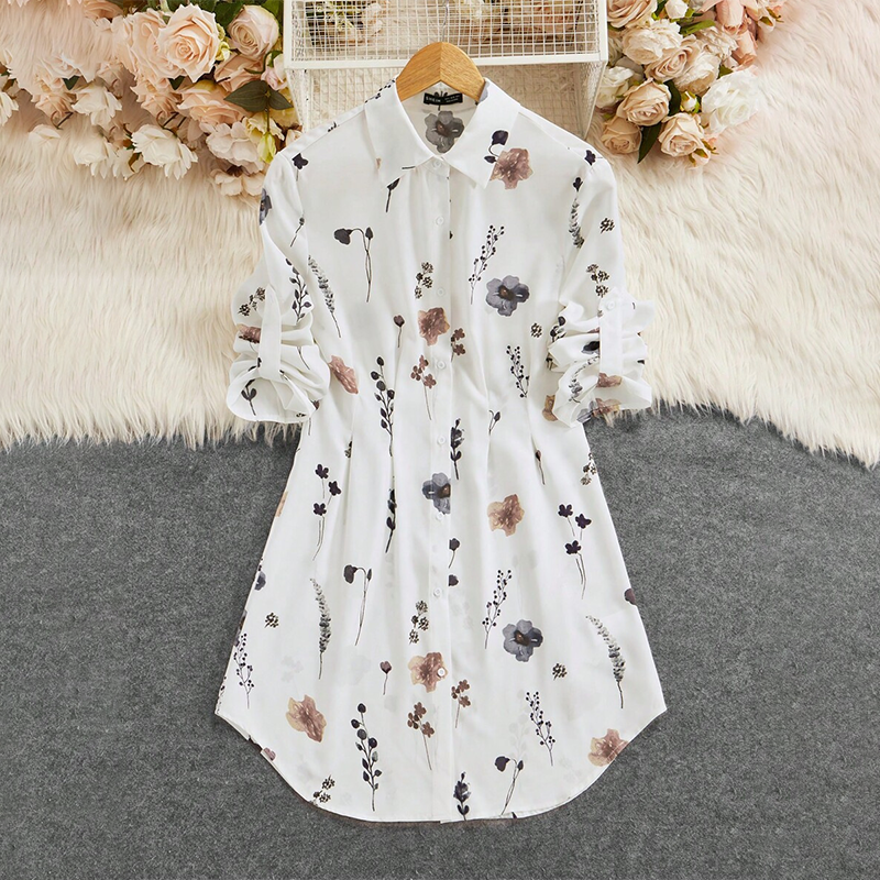 【S-XL】🌸Елегантна рокля-риза с флорален принт и дълъг ръкав, А-силует