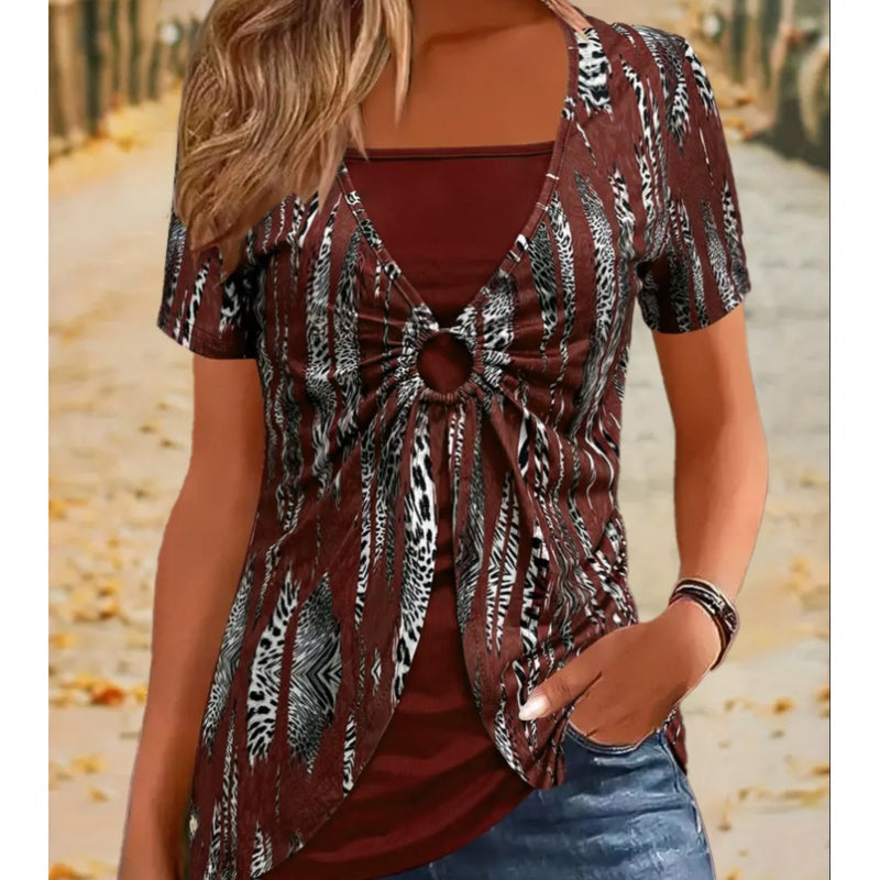 🔥Дамска винтидж тениска с къс ръкав, квадратно деколте и леопардов принт