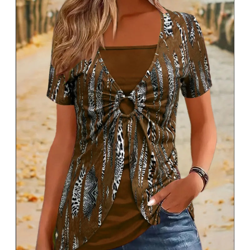 🔥Дамска винтидж тениска с къс ръкав, квадратно деколте и леопардов принт