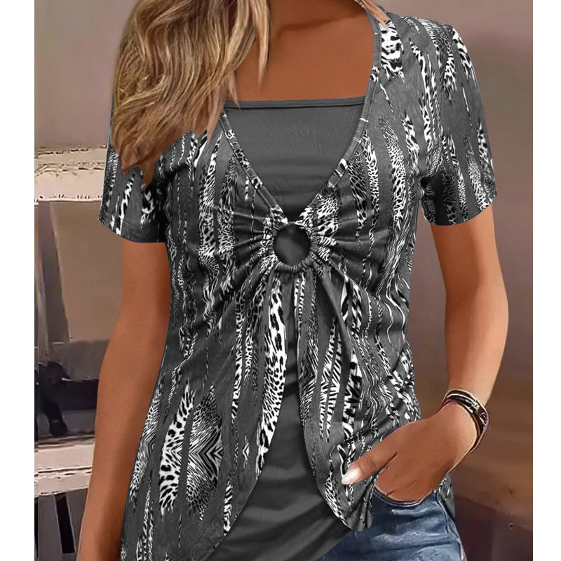 🔥Дамска винтидж тениска с къс ръкав, квадратно деколте и леопардов принт