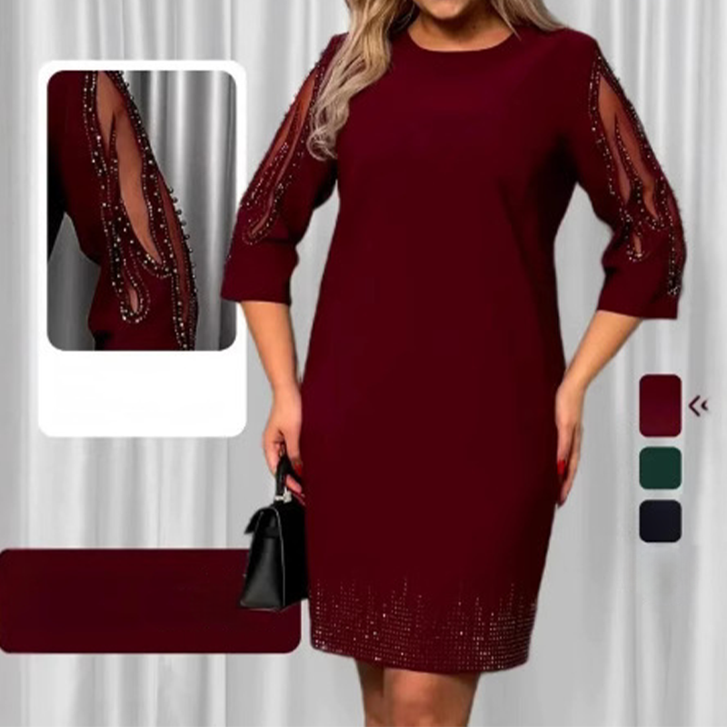 ✨Рокля със седем четвърти ръкави, украсена с дантела с кристали