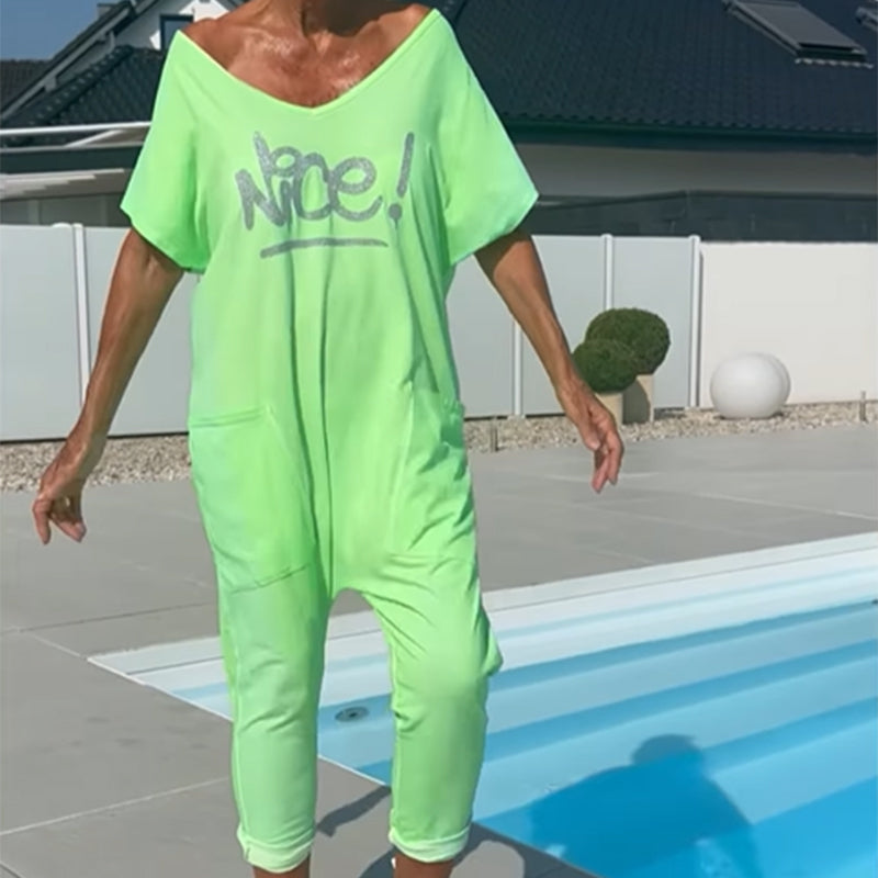 💖【S~5XL】Дамски гащеризон с щампа на буквите, голям размер, с джобове