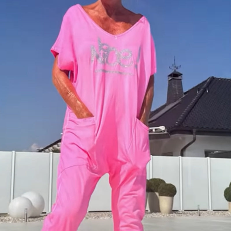 💖【S~5XL】Дамски гащеризон с щампа на буквите, голям размер, с джобове