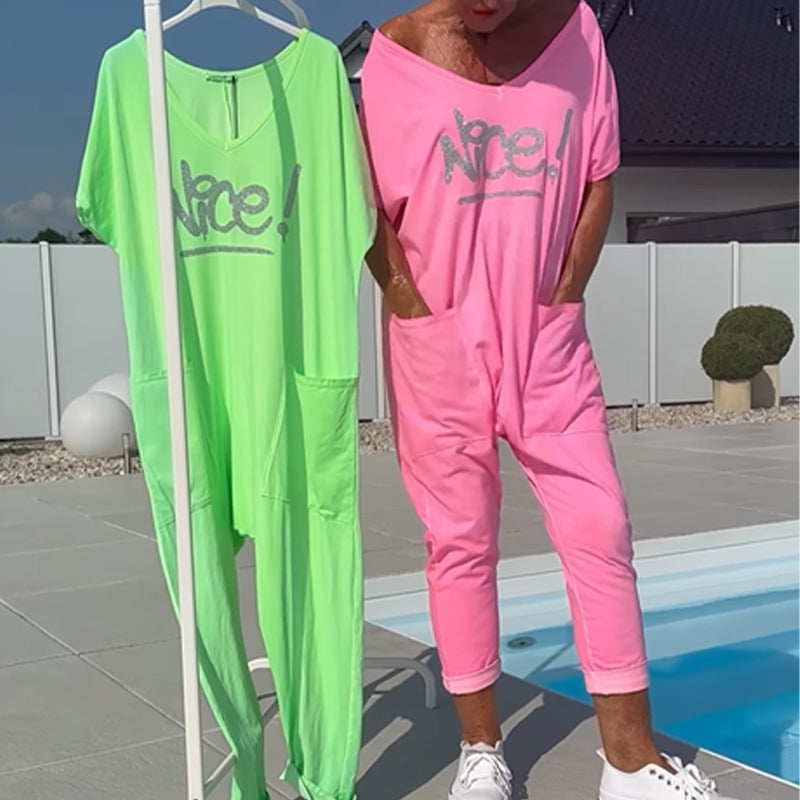 💖【S~5XL】Дамски гащеризон с щампа на буквите, голям размер, с джобове