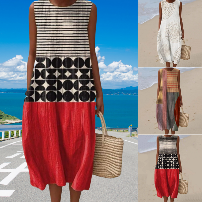 Модерна дамска рокля без ръкави с кръгло деколте