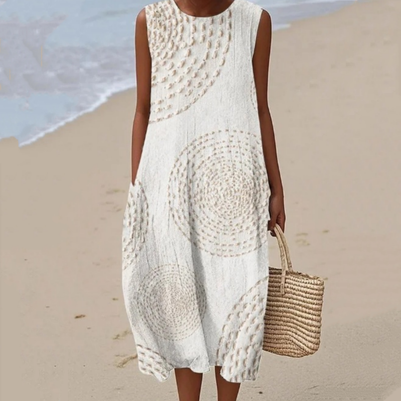 Модерна дамска рокля без ръкави с кръгло деколте