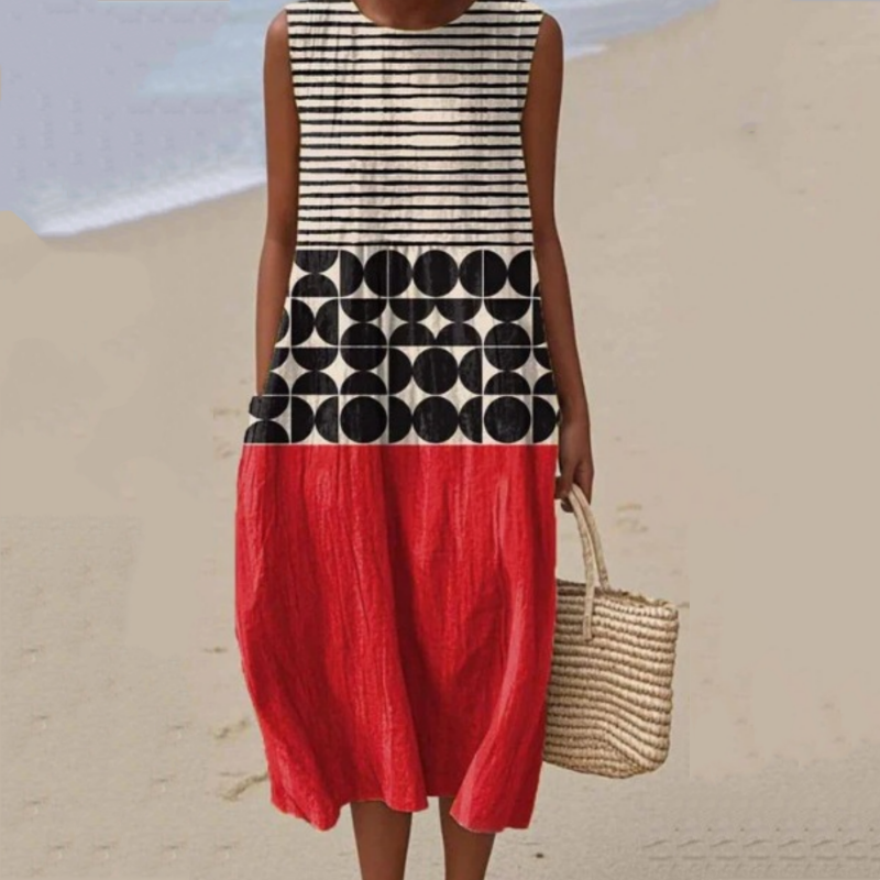 Модерна дамска рокля без ръкави с кръгло деколте