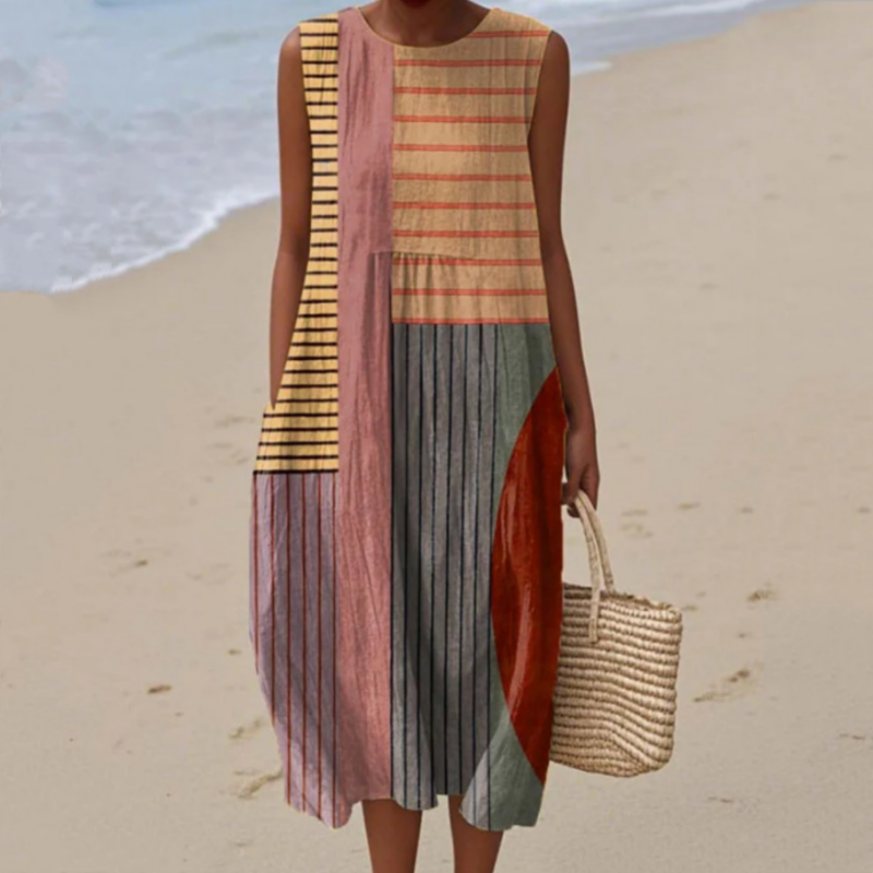 Модерна дамска рокля без ръкави с кръгло деколте