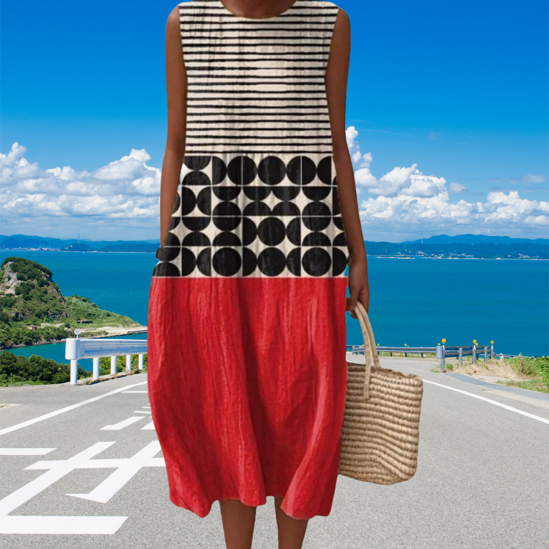 Модерна дамска рокля без ръкави с кръгло деколте