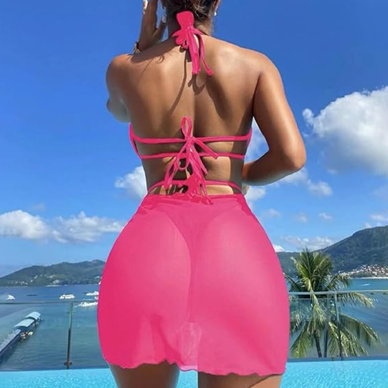 ✨Колие с кръст и корона👑👙Комплект от 3 части бикини без презрамки в едноцветен цвят