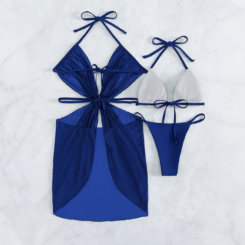 ✨Колие с кръст и корона👑👙Комплект от 3 части бикини без презрамки в едноцветен цвят