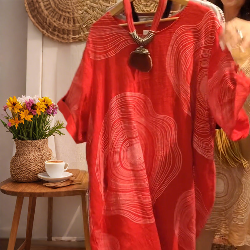 Дамска рокля с V-образно деколте с щампа