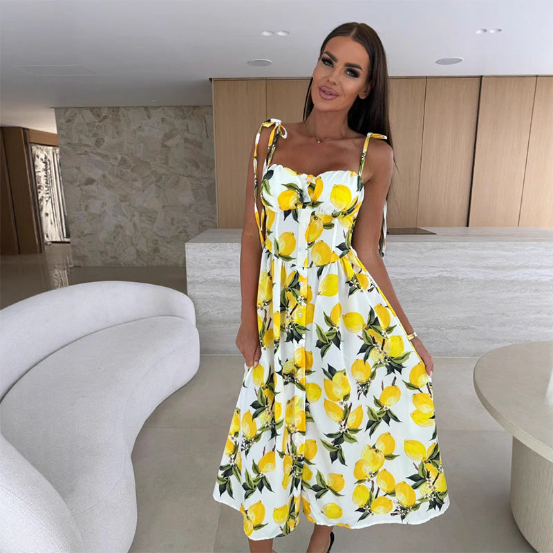 👗Елегантна дамска рокля с тънки презрамки и флорален принт
