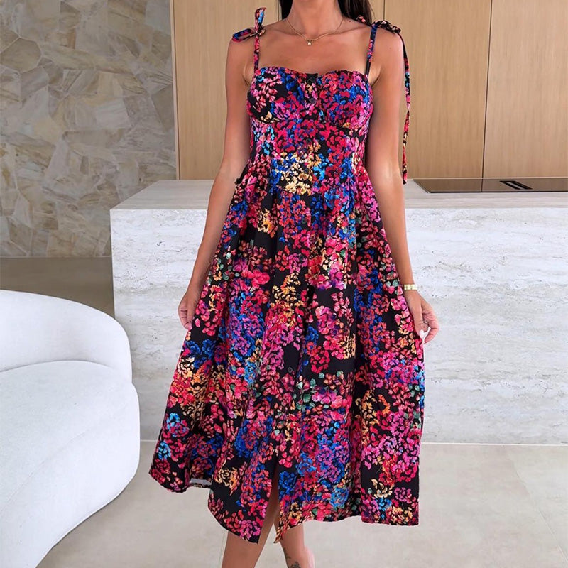 👗Елегантна дамска рокля с тънки презрамки и флорален принт