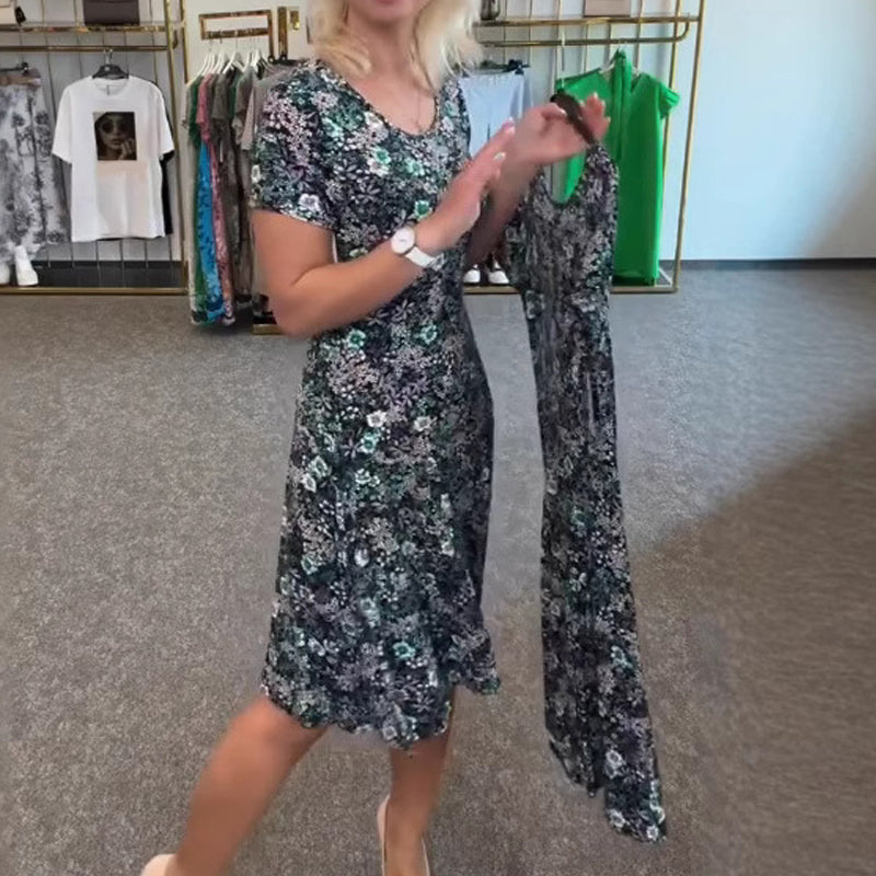 Дамска ежедневна рокля с флорален принт около врата