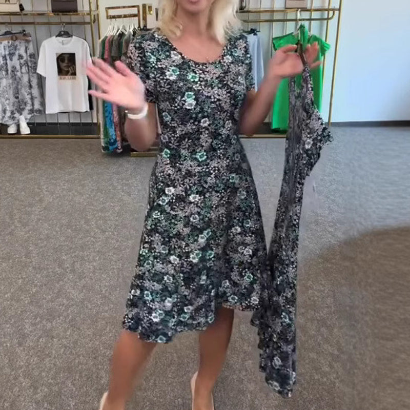 Дамска ежедневна рокля с флорален принт около врата