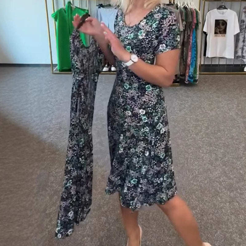 Дамска ежедневна рокля с флорален принт около врата