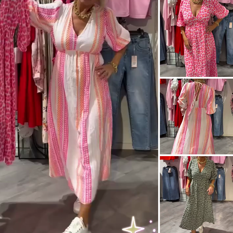 Дамска рокля с V-образно деколте и щампа