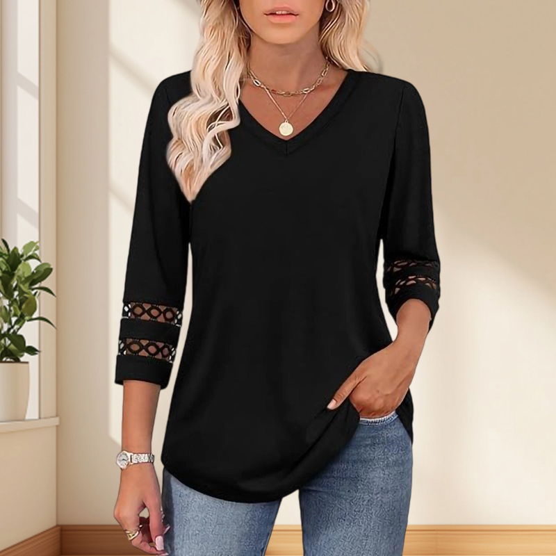 🌺[S-3XL]👚✨ Класически едноцветен топ с V-образно деколте и 3/4 ръкави