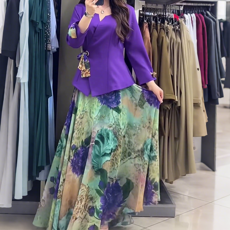 💜Елегантен топ и пола с флорални мотиви, комплект от две части